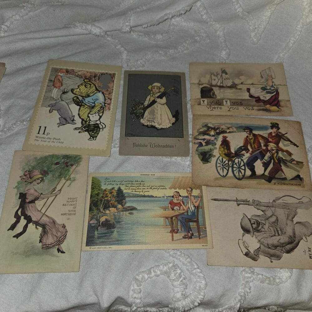 Vintage Antique Postcards 7 WWII Art, Winnie the Pooh, Curt Teich & Folk Art